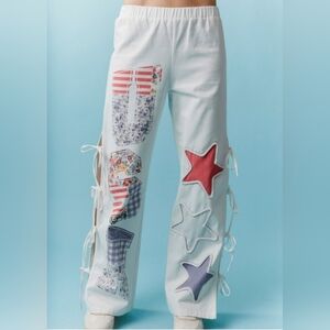 White Patchwork Star Tie-Side Pants